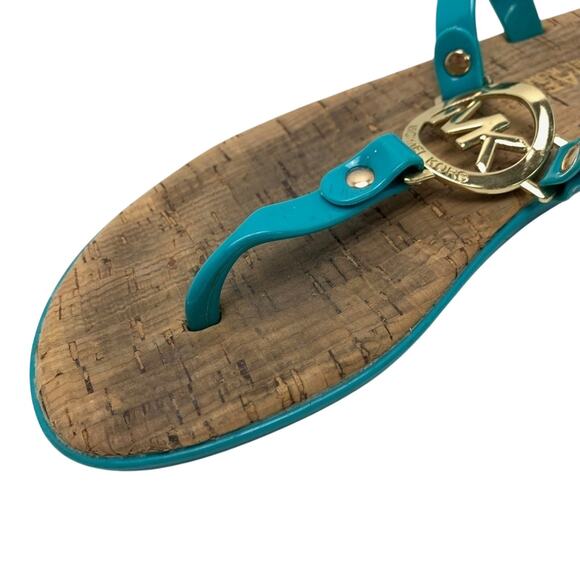 Michael Kors Teal Blue Gold Logo Thongs Sandals Flip Flops Shoes Flats sz 6 - Picture 7 of 16